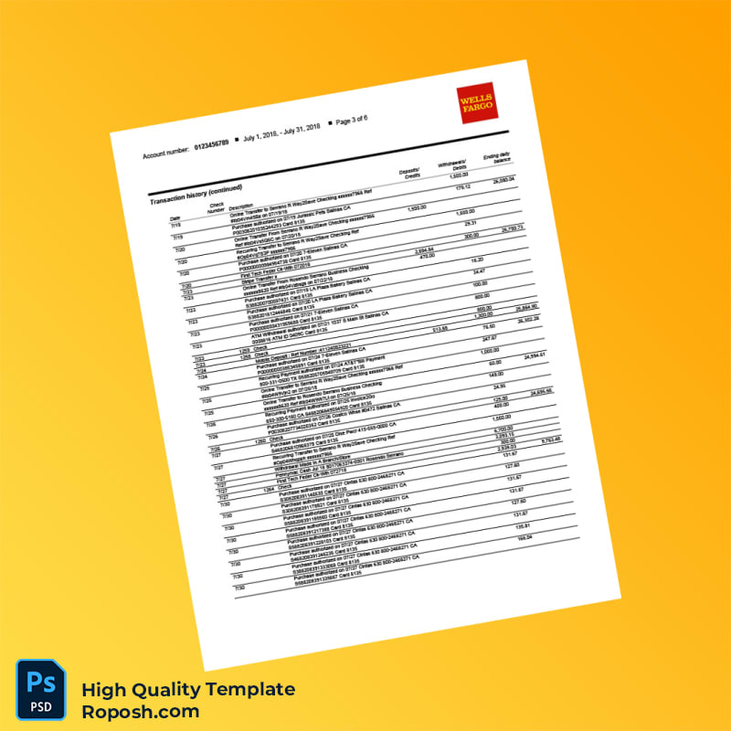 USA Wells Fargo Business Bank Statement Template in Word and PDF formats 6 page USA Wells Fargo Business Bank Statement Template in Word and PDF formats 6 page