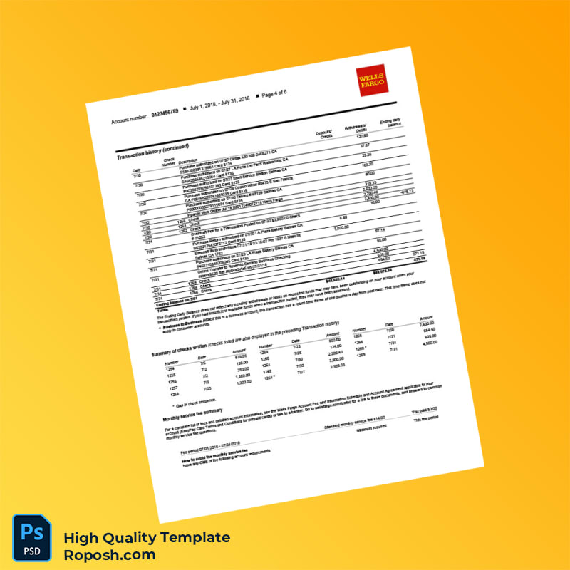 USA Wells Fargo Business Bank Statement Template in Word and PDF formats 6 page USA Wells Fargo Business Bank Statement Template in Word and PDF formats 6 page