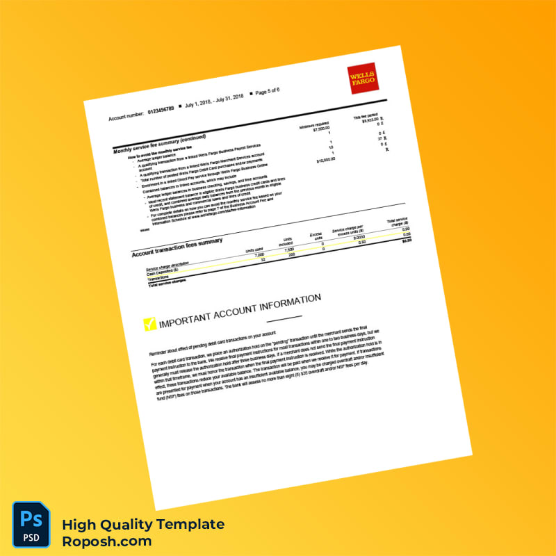 USA Wells Fargo Business Bank Statement Template in Word and PDF formats 6 page USA Wells Fargo Business Bank Statement Template in Word and PDF formats 6 page