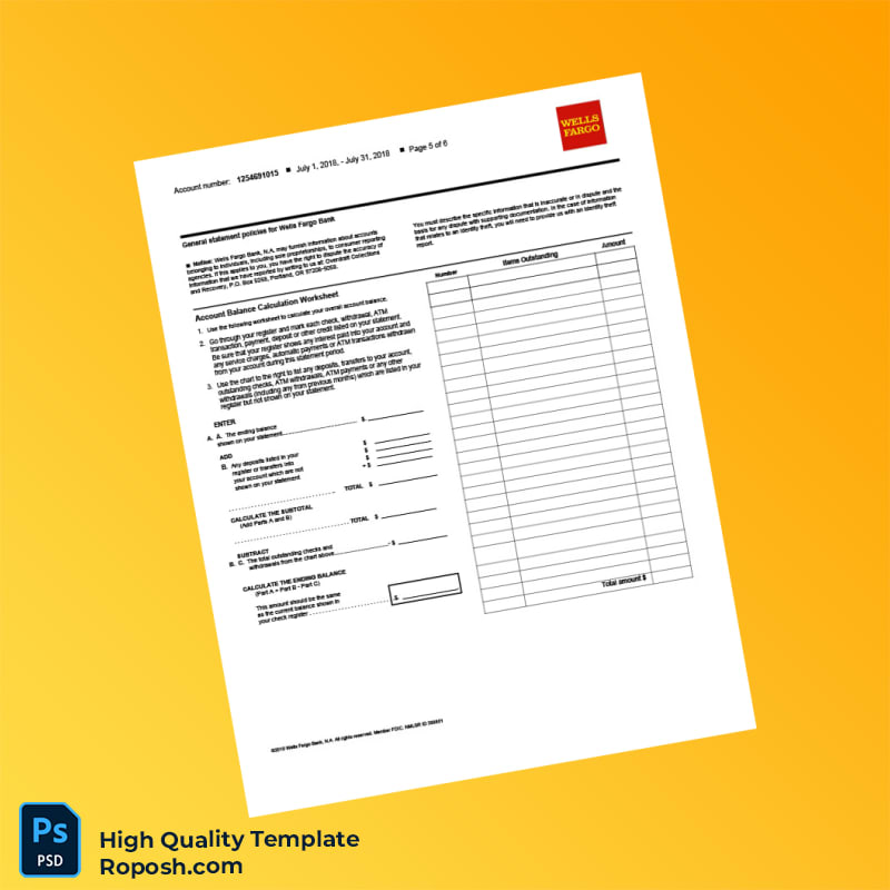 USA Wells Fargo Business Bank Statement Template in Word and PDF formats 6 page USA Wells Fargo Business Bank Statement Template in Word and PDF formats 6 page