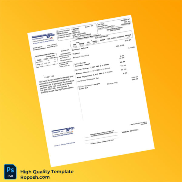 USA Withlacoochee River Electric Cooperative Editable Electric Bill Template in Word and PDF formats 2 page