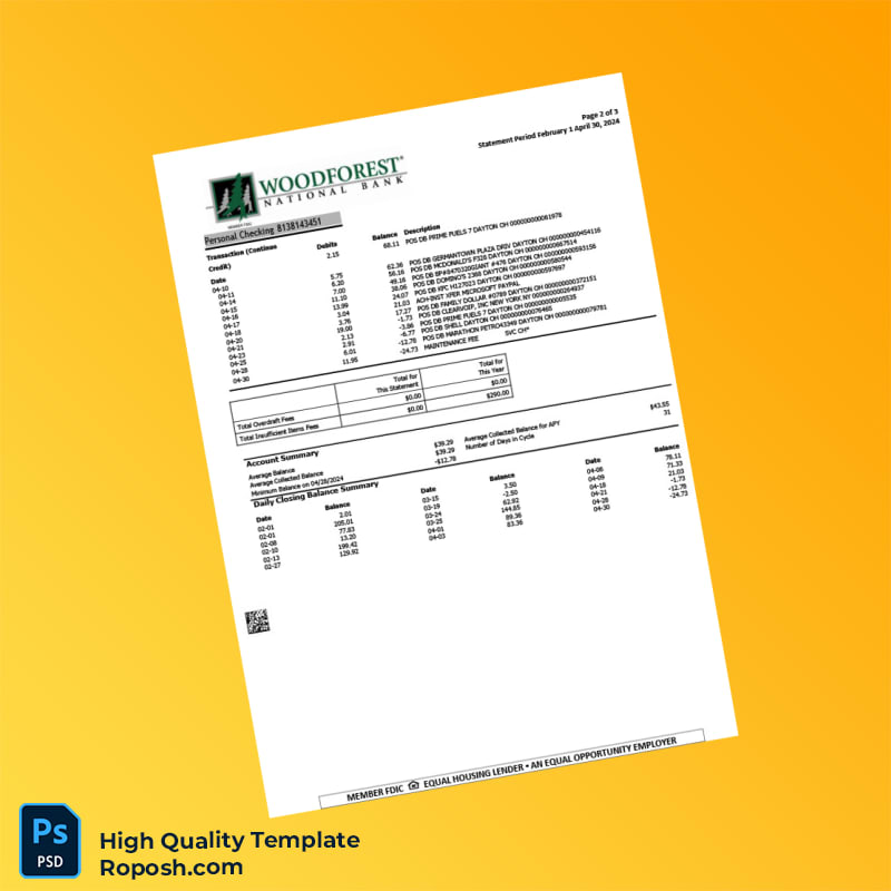 USA Woodforest Personal Checking Statement Template in Word and PDF formats 3 page USA Woodforest Personal Checking Statement Template in Word and PDF formats 3 page
