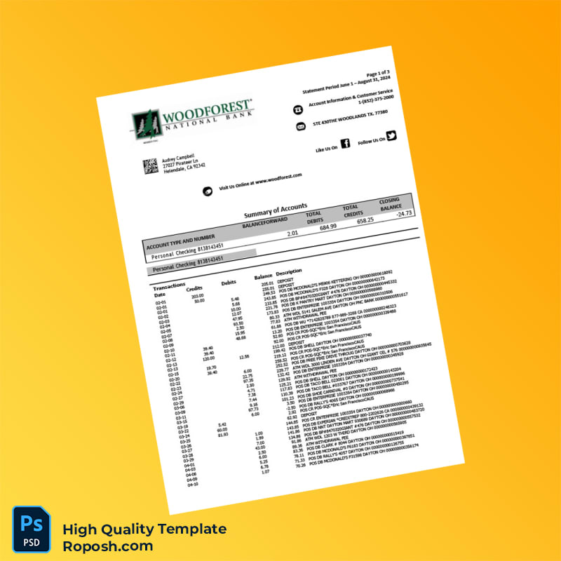 USA Woodforest Personal Checking Statement Template in Word and PDF formats 3 page USA Woodforest Personal Checking Statement Template in Word and PDF formats 3 page
