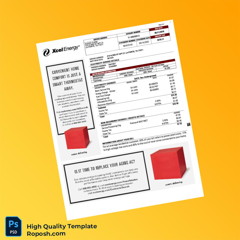 USA Xcel Energy Editable Electricity Bill Template in Word and PDF formats 2 page USA Xcel Energy Editable Electricity Bill Template in Word and PDF formats 2 page