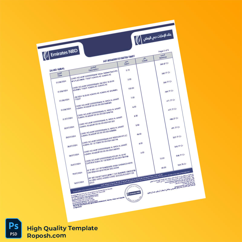 United Arab Emirates Emirates NBD Bank Statement Template in Word and PDF formats 5 page United Arab Emirates Emirates NBD Bank Statement Template in Word and PDF formats 5 page