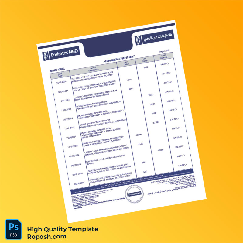 United Arab Emirates Emirates NBD Bank Statement Template in Word and PDF formats 5 page United Arab Emirates Emirates NBD Bank Statement Template in Word and PDF formats 5 page