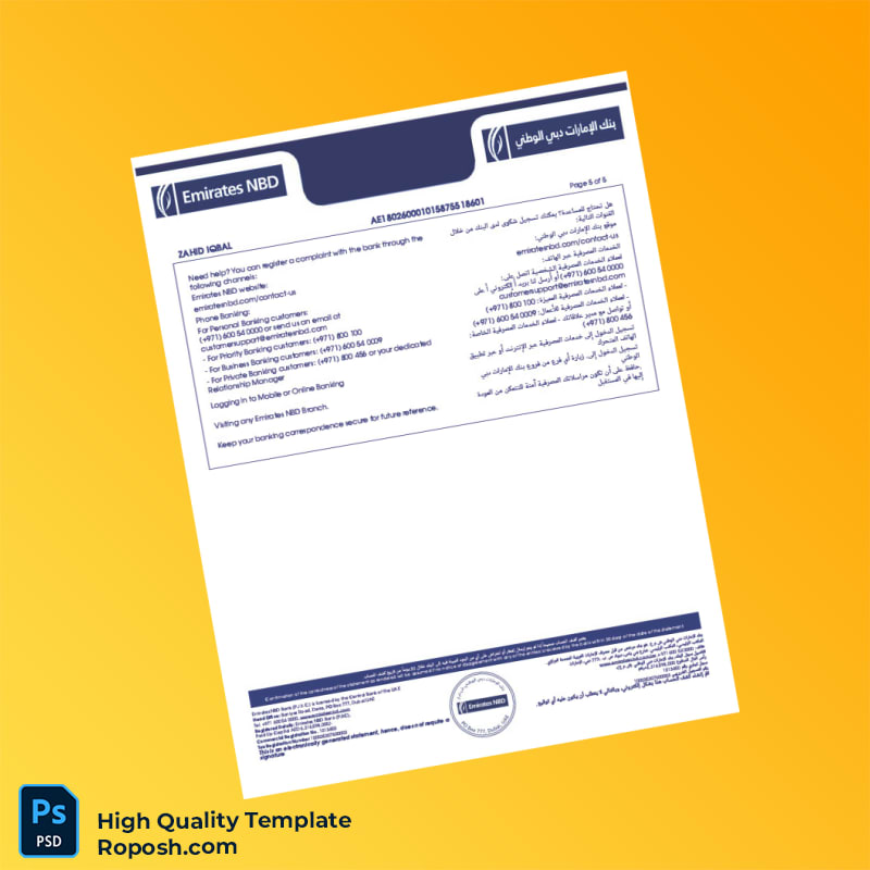 United Arab Emirates Emirates NBD Bank Statement Template in Word and PDF formats 5 page United Arab Emirates Emirates NBD Bank Statement Template in Word and PDF formats 5 page