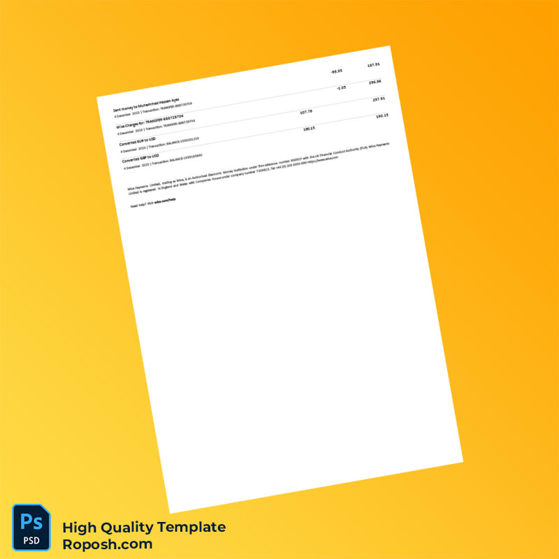 United Kingdom Wise Bank Statement Template in Word and PDF formats 2 page United Kingdom Wise Bank Statement Template in Word and PDF formats 2 page