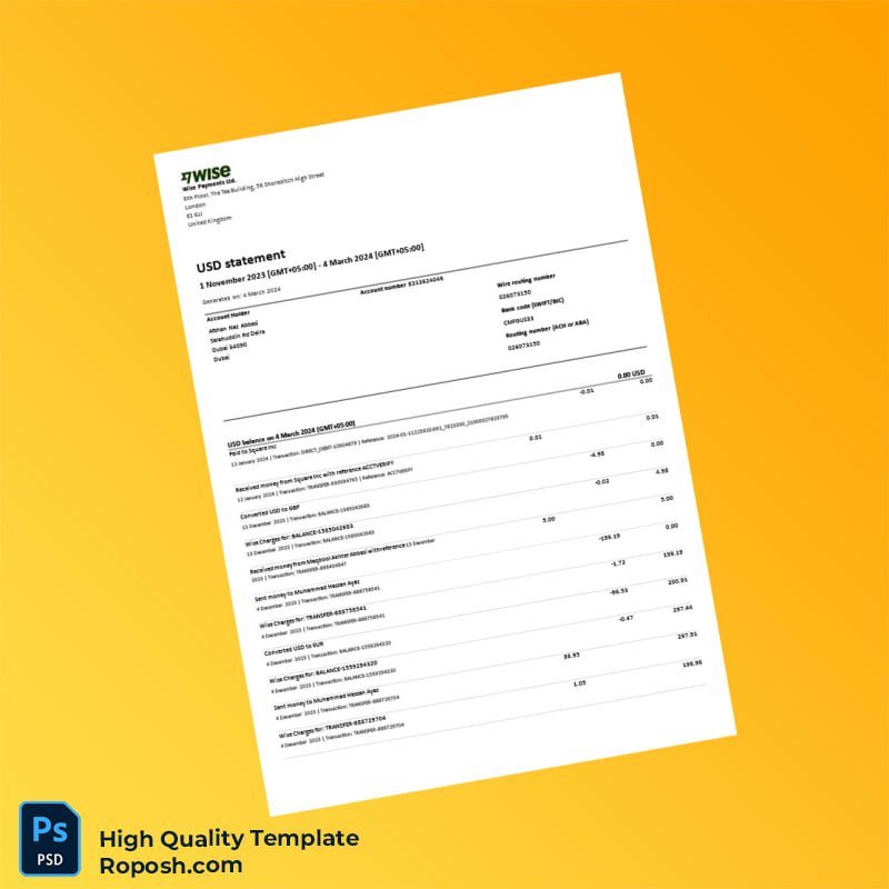 United Kingdom Wise Bank Statement Template in Word and PDF formats 2 page United Kingdom Wise Bank Statement Template in Word and PDF formats 2 page