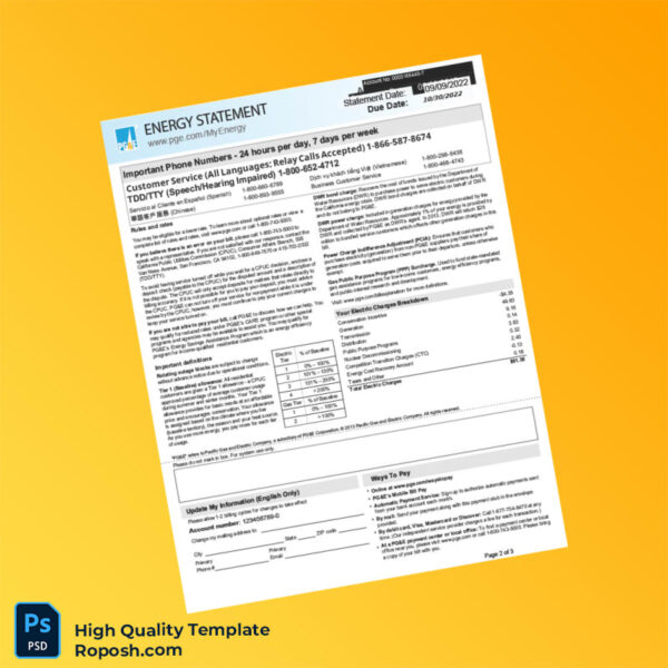United States Pacific Gas And Electric Company Editable Energy Utility Bill Template in Word and PDF formats 3 page