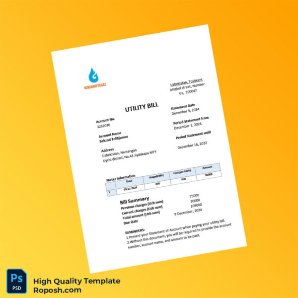 Uzbekistan Uzbekneftegaz Editable Utility Bill Template in Word and PDF formats 2 page