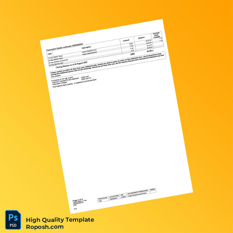 Zambia FNB Bank Statement Template in Word and PDF formats 4 page Zambia FNB Bank Statement Template in Word and PDF formats 4 page