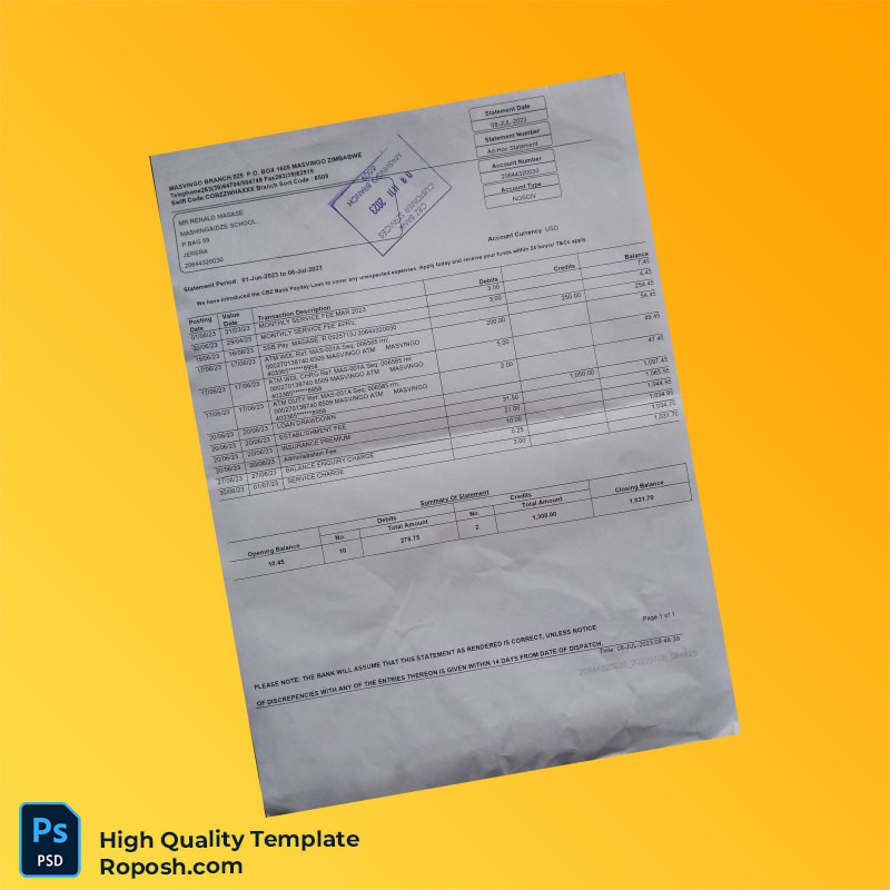 Zimbabwe CBZ Bank Statement Template in Word and PDF formats Zimbabwe CBZ Bank Statement Template in Word and PDF formats