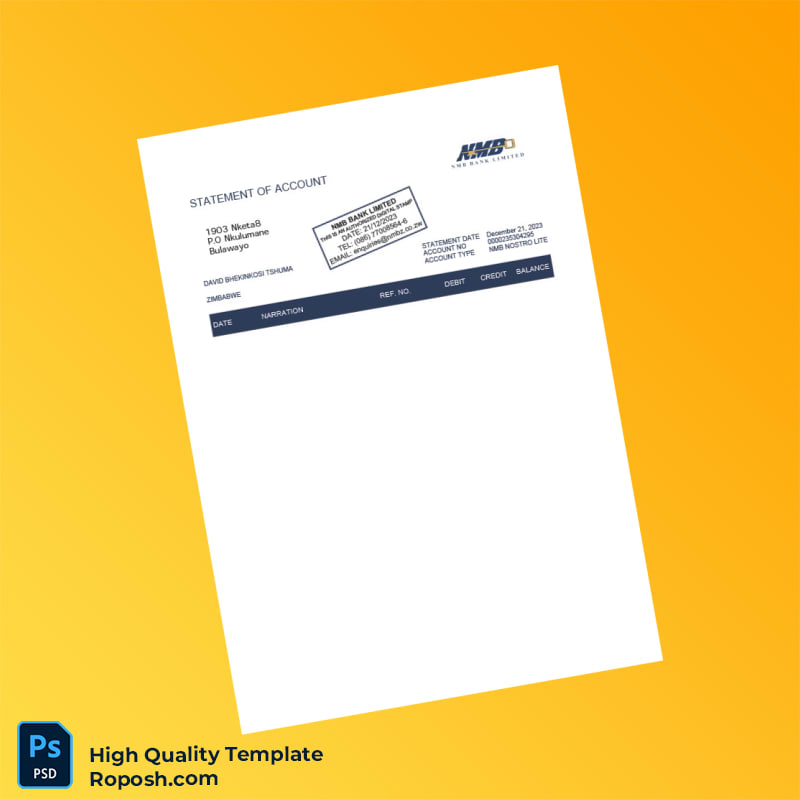 Zimbabwe NMB Bank Statement Template in Word and PDF formats 2 page Zimbabwe NMB Bank Statement Template in Word and PDF formats 2 page