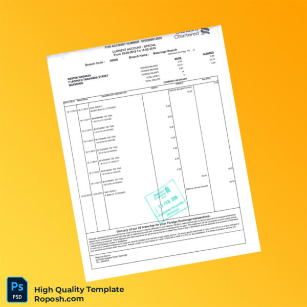 Zimbabwe Standard Chartered Bank Statement Template in Word and PDF formats 2 page