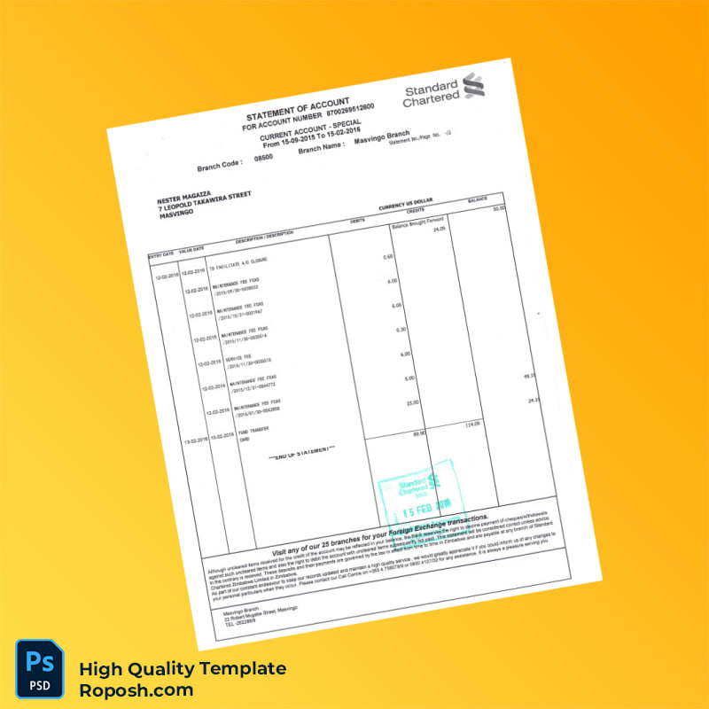 Zimbabwe Standard Chartered Bank Statement Template in Word and PDF formats 2 page Zimbabwe Standard Chartered Bank Statement Template in Word and PDF formats 2 page