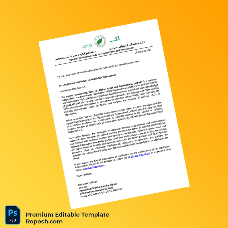 Customizable Afghanistan ACBAR Employment Verification Letter Word & PDF Template 2 page Customizable Afghanistan ACBAR Employment Verification Letter Word & PDF Template 2 page