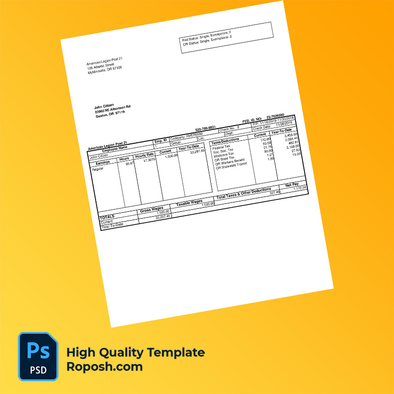 American Legion Post 21 pay stub word and pdf template American Legion Post 21 pay stub word and pdf template