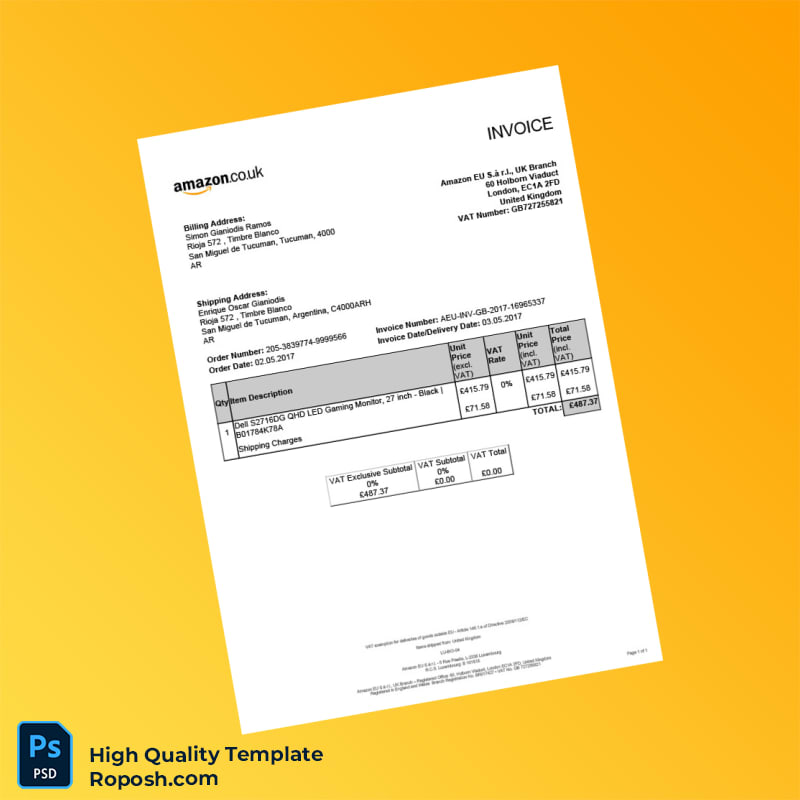 Argentina Amazon EU S à r l Invoice Template in Word and PDF formats Argentina Amazon EU S à r l Invoice Template in Word and PDF formats