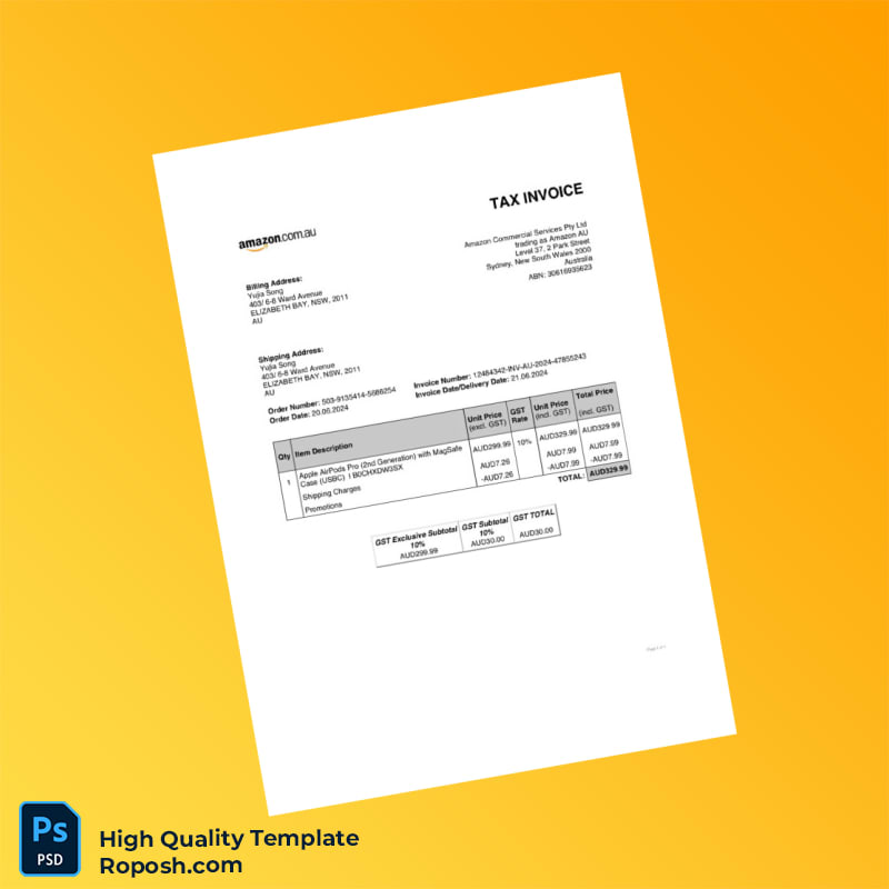 Australia Amazon Invoice Template in Word and PDF formats 2 page Australia Amazon Invoice Template in Word and PDF formats 2 page