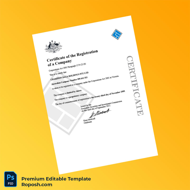 Customizable Australia Australian Securities and Investments Commission Company Registration Certificate Editable Word & PDF Template Customizable Australia Australian Securities and Investments Commission Company Registration Certificate Editable Word & PDF Template