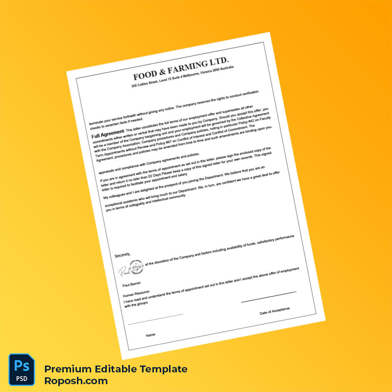 Customizable Australia Food Farming Ltd Employment Verification Letter Word & PDF Template 3 page Customizable Australia Food Farming Ltd Employment Verification Letter Word & PDF Template 3 page