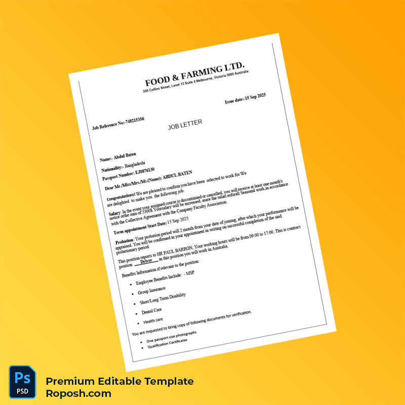 Customizable Australia Food Farming Ltd Employment Verification Letter Word & PDF Template 3 page Customizable Australia Food Farming Ltd Employment Verification Letter Word & PDF Template 3 page