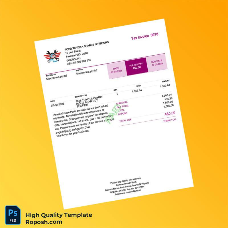 Australia Ford Toyota Spares N Repairs Tax Invoice Template in Word and PDF formats Australia Ford Toyota Spares N Repairs Tax Invoice Template in Word and PDF formats