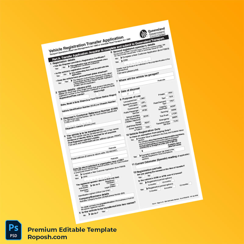 Customizable Australia Queensland Vehicle Registration Transfer Application Editable Word & PDF Template 5 page Customizable Australia Queensland Vehicle Registration Transfer Application Editable Word & PDF Template 5 page