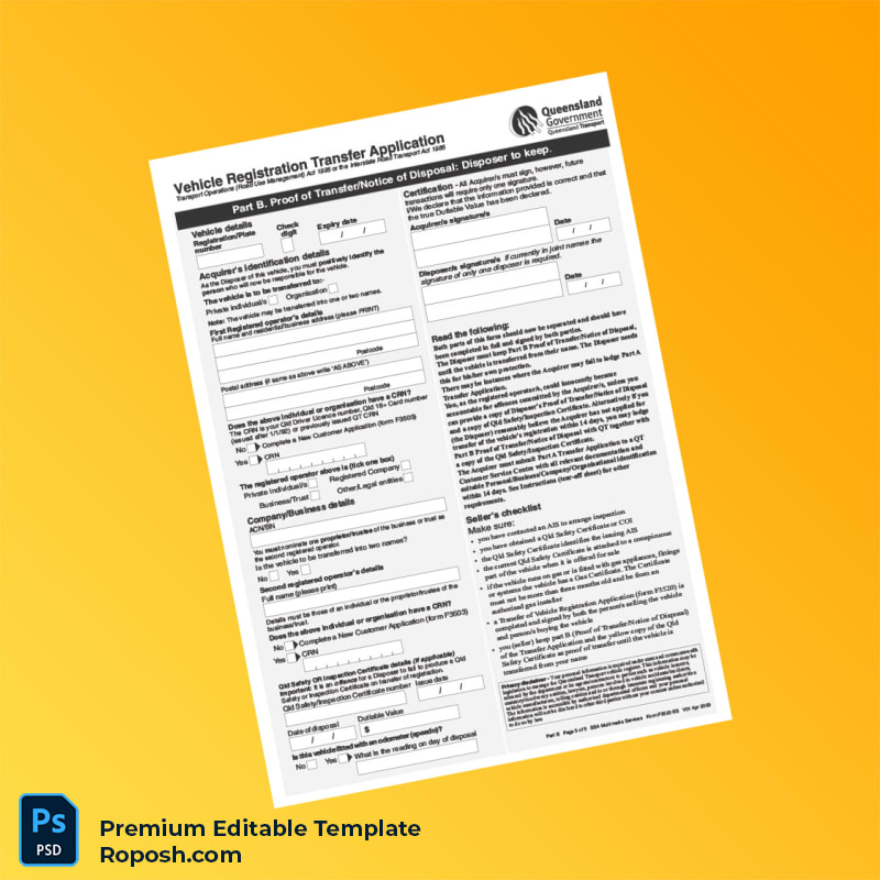 Customizable Australia Queensland Vehicle Registration Transfer Application Editable Word & PDF Template 5 page Customizable Australia Queensland Vehicle Registration Transfer Application Editable Word & PDF Template 5 page