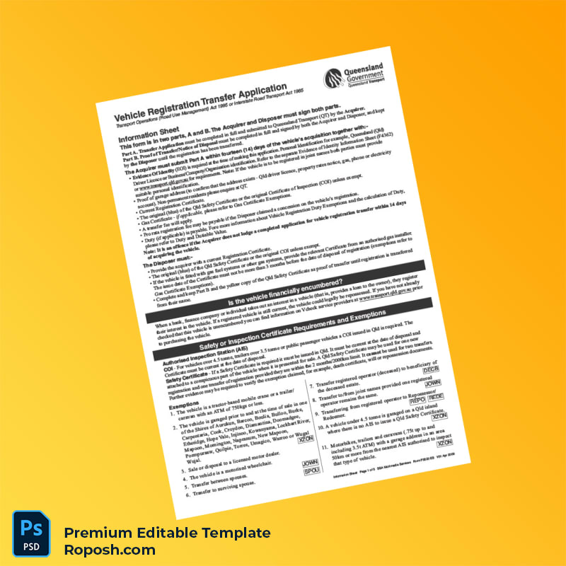 Customizable Australia Queensland Vehicle Registration Transfer Application Editable Word & PDF Template 5 page Customizable Australia Queensland Vehicle Registration Transfer Application Editable Word & PDF Template 5 page