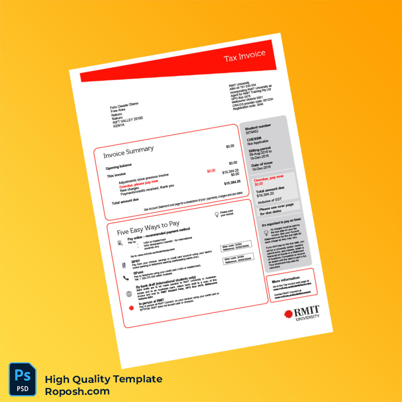 Australia RMIT University Tax Invoice Template in Word and PDF formats 2 page Australia RMIT University Tax Invoice Template in Word and PDF formats 2 page