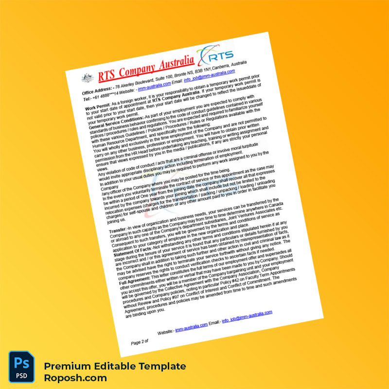 Customizable Australia RTS Company Employment Confirmation Letter Word & PDF Template 3 page Customizable Australia RTS Company Employment Confirmation Letter Word & PDF Template 3 page