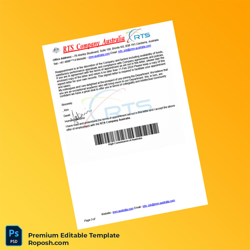 Customizable Australia RTS Company Employment Confirmation Letter Word & PDF Template 3 page Customizable Australia RTS Company Employment Confirmation Letter Word & PDF Template 3 page
