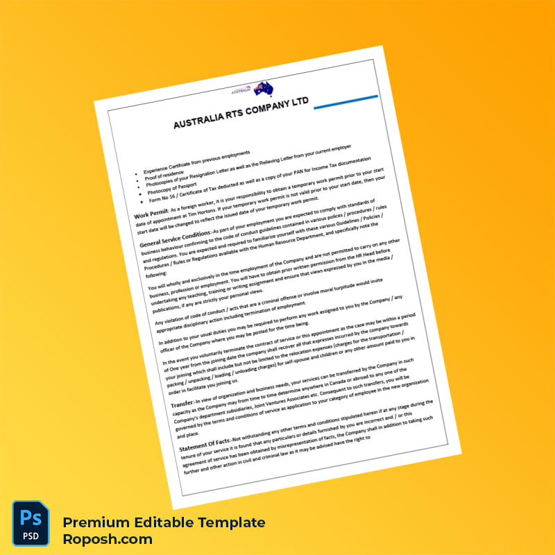 Customizable Australia RTS Company Ltd Employment Verification Letter Word & PDF Template 3 page Customizable Australia RTS Company Ltd Employment Verification Letter Word & PDF Template 3 page