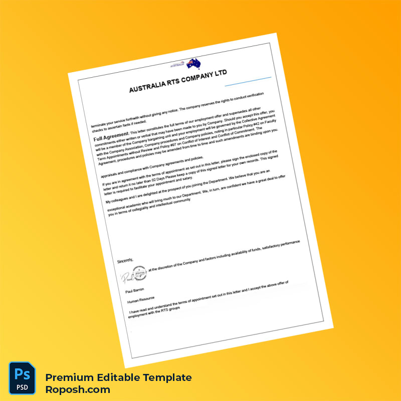 Customizable Australia RTS Company Ltd Employment Verification Letter Word & PDF Template 3 page Customizable Australia RTS Company Ltd Employment Verification Letter Word & PDF Template 3 page