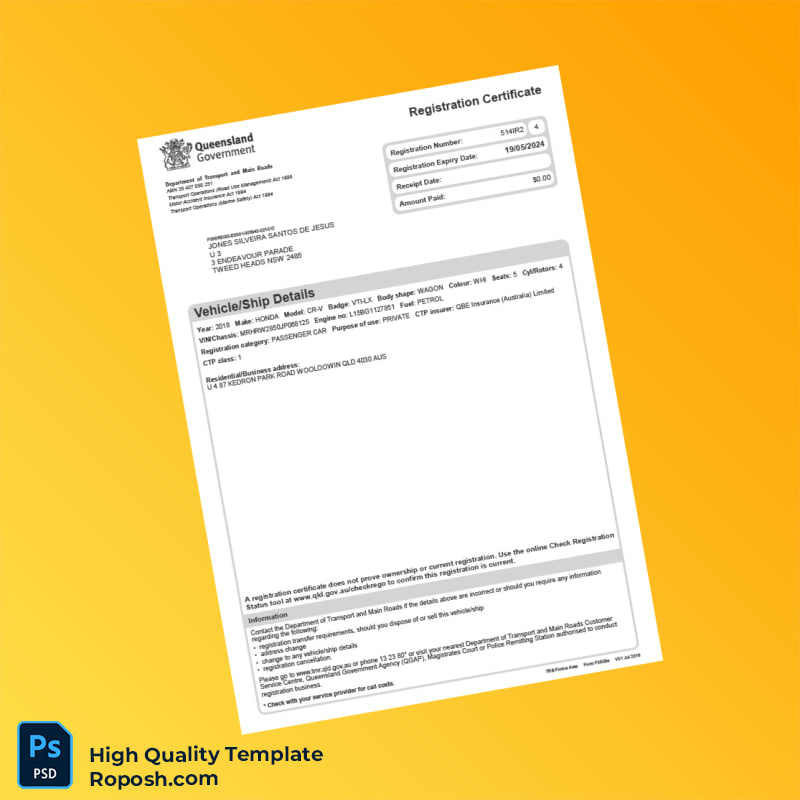 Australia Vehicle Registration Certificate Template in Word and PDF formats Australia Vehicle Registration Certificate Template in Word and PDF formats