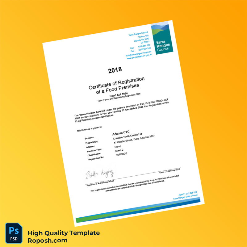 Australia Yarra Ranges Council Food Registration Certificate Template in Word and PDF formats 2 page Australia Yarra Ranges Council Food Registration Certificate Template in Word and PDF formats 2 page