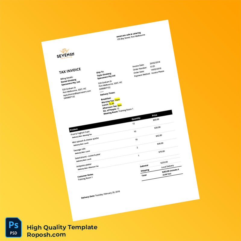 Australia seven_am cafe catering Invoice Template in Word and PDF formats 2 page Australia seven_am cafe catering Invoice Template in Word and PDF formats 2 page