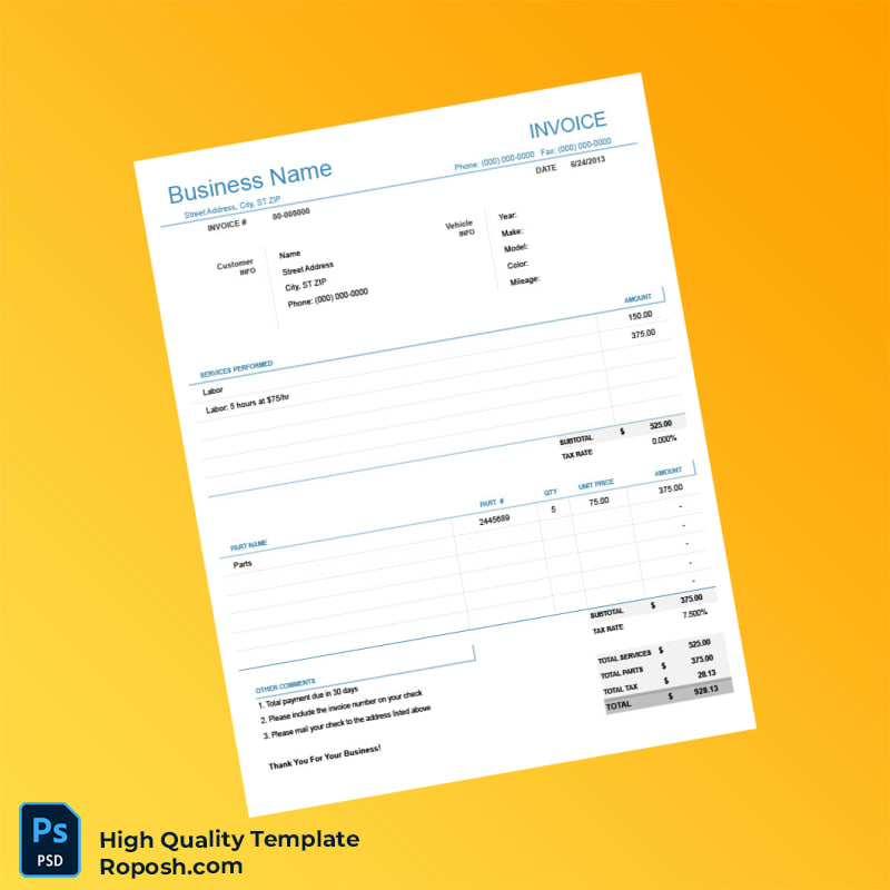 Auto Repair Invoice Template in Word and PDF formats 7 page Auto Repair Invoice Template in Word and PDF formats 7 page