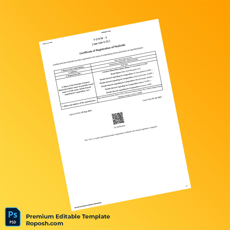 Customizable Bangladesh Agriculture Ministry Product Registration Certificate Editable Word & PDF Template Customizable Bangladesh Agriculture Ministry Product Registration Certificate Editable Word & PDF Template