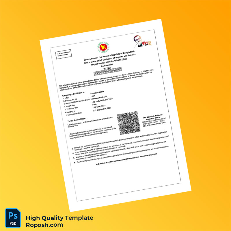Bangladesh Chief Controller of Imports and Exports Import Registration Certificate Template in Word and PDF formats Bangladesh Chief Controller of Imports and Exports Import Registration Certificate Template in Word and PDF formats