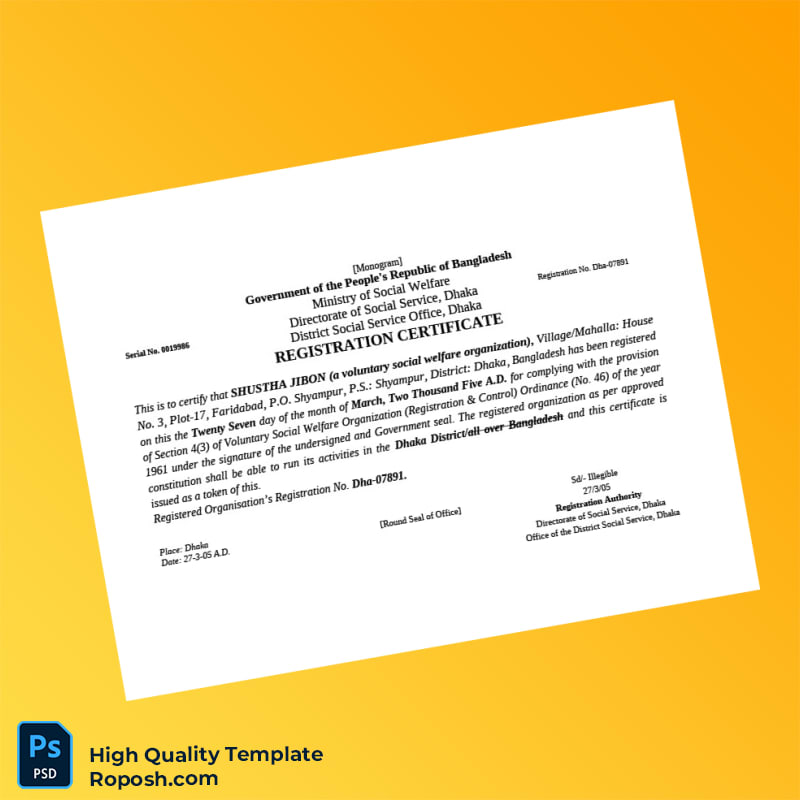 Bangladesh Directorate of Social Service Registration Certificate Template in Word and PDF formats Bangladesh Directorate of Social Service Registration Certificate Template in Word and PDF formats