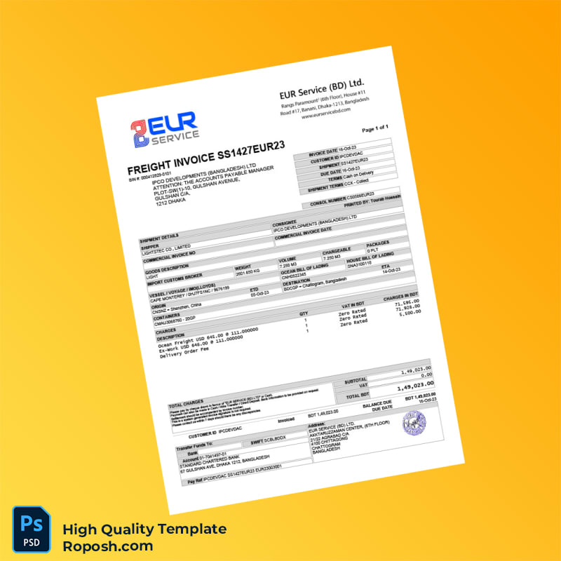 Bangladesh EUR Service BD Ltd Invoice Template in Word and PDF formats Bangladesh EUR Service BD Ltd Invoice Template in Word and PDF formats