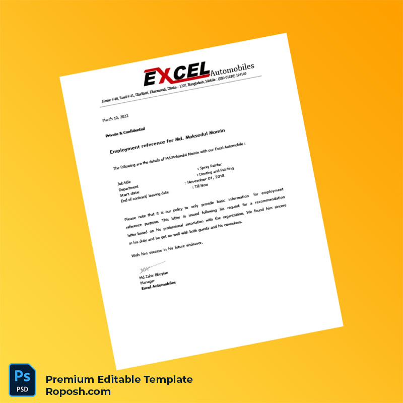 Customizable Bangladesh Excel Automobiles Employment Verification Letter Word & PDF Template Customizable Bangladesh Excel Automobiles Employment Verification Letter Word & PDF Template
