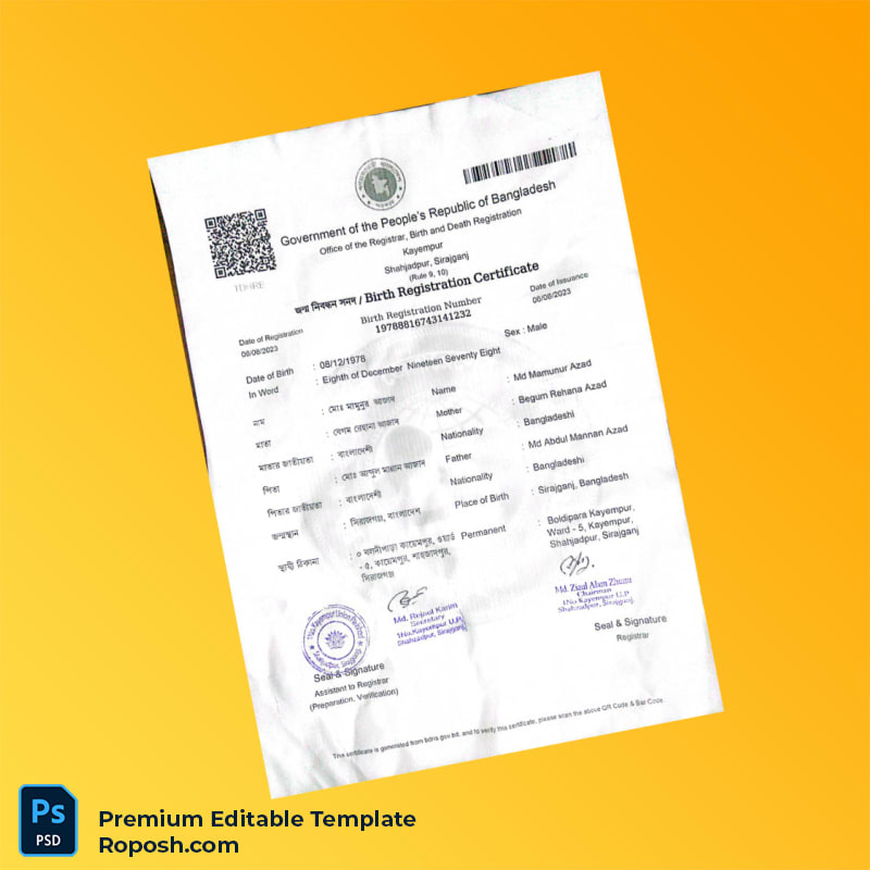 Customizable Bangladesh Government Birth Registration Certificate Editable Word & PDF Template Customizable Bangladesh Government Birth Registration Certificate Editable Word & PDF Template