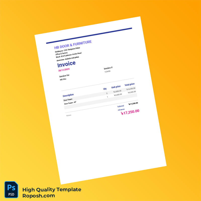 Bangladesh HB Door Furniture Invoice Template in Word and PDF formats Bangladesh HB Door Furniture Invoice Template in Word and PDF formats