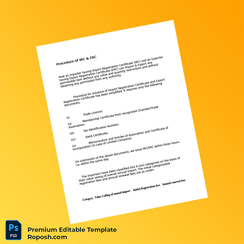 Customizable Bangladesh Ministry of Commerce Import Registration Certificate and Export Registration Certificate Procedure Template in Word a 2 page Customizable Bangladesh Ministry of Commerce Import Registration Certificate and Export Registration Certificate Procedure Template in Word a 2 page