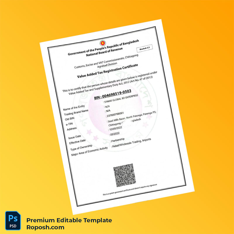 Customizable Bangladesh National Board of Revenue VAT Registration Certificate Editable Word & PDF Template Customizable Bangladesh National Board of Revenue VAT Registration Certificate Editable Word & PDF Template