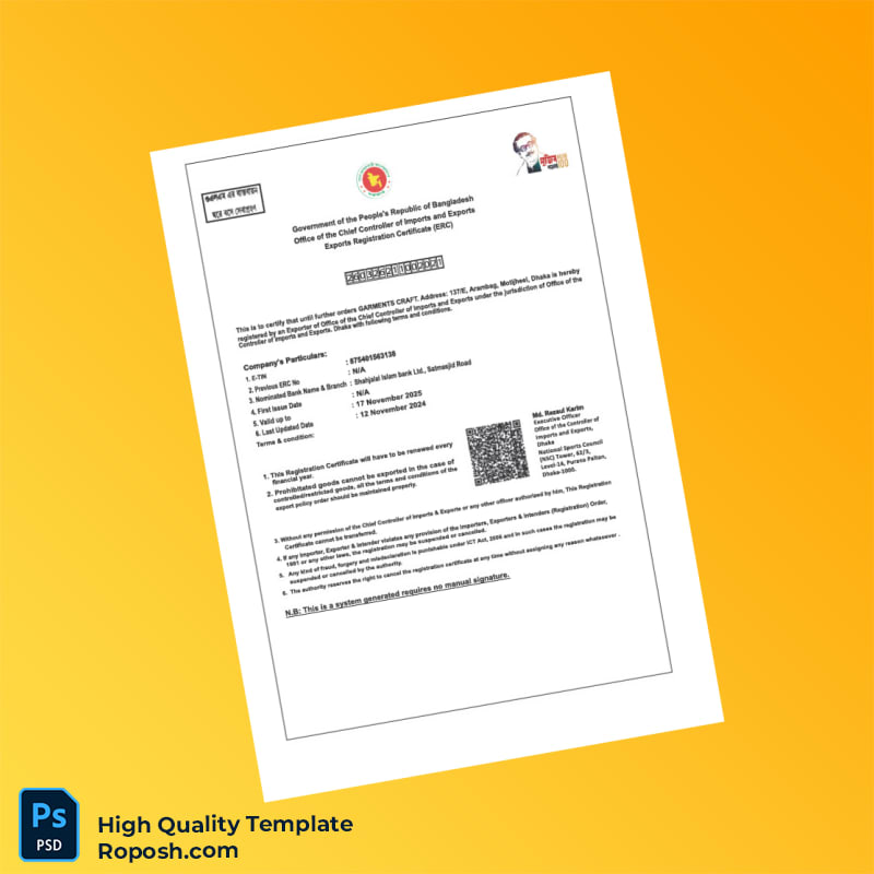 Bangladesh Office of the Chief Controller of Imports and Exports Export Registration Certificate Template in Word and PDF format Bangladesh Office of the Chief Controller of Imports and Exports Export Registration Certificate Template in Word and PDF format